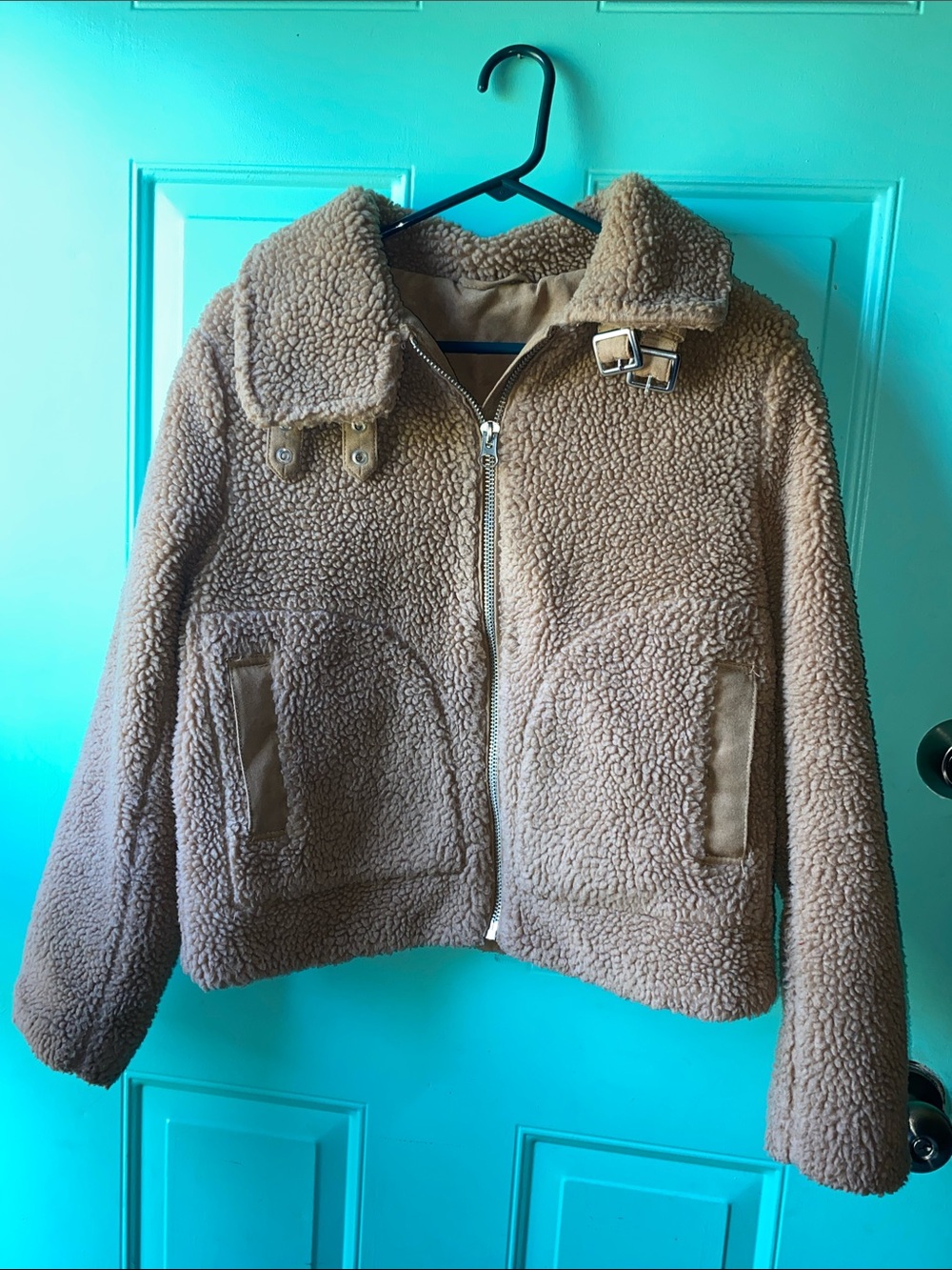 H&M Tan Sherpa Faux Fleece Teddy Jacket Buckle Neck Size Small